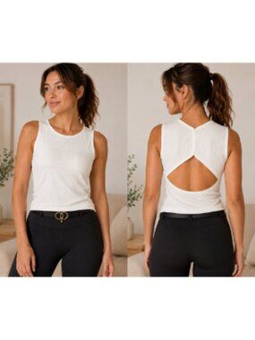 Wild Fable Women's Ribbed High Neck Tank Top White Open Back Size Large NWT